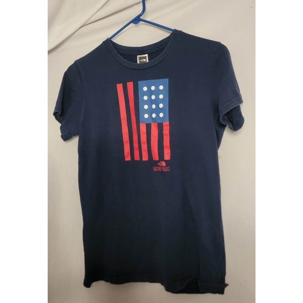 The North Face Womens Large American Flag Shirt Red Blue Stars USA Patriotic Tee